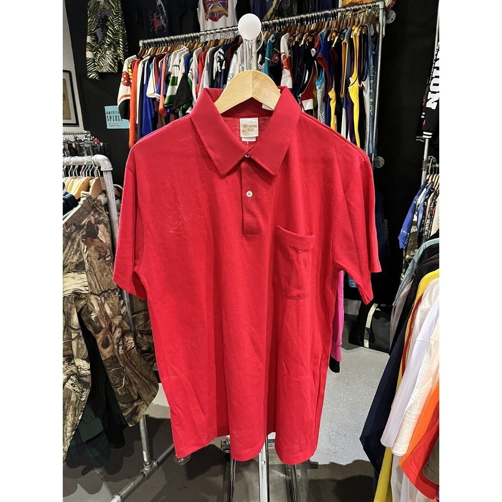 Vintage 70s Beacon Hill Polo Shirt Solid Red Wing Tip Collar New With Tags Sz L